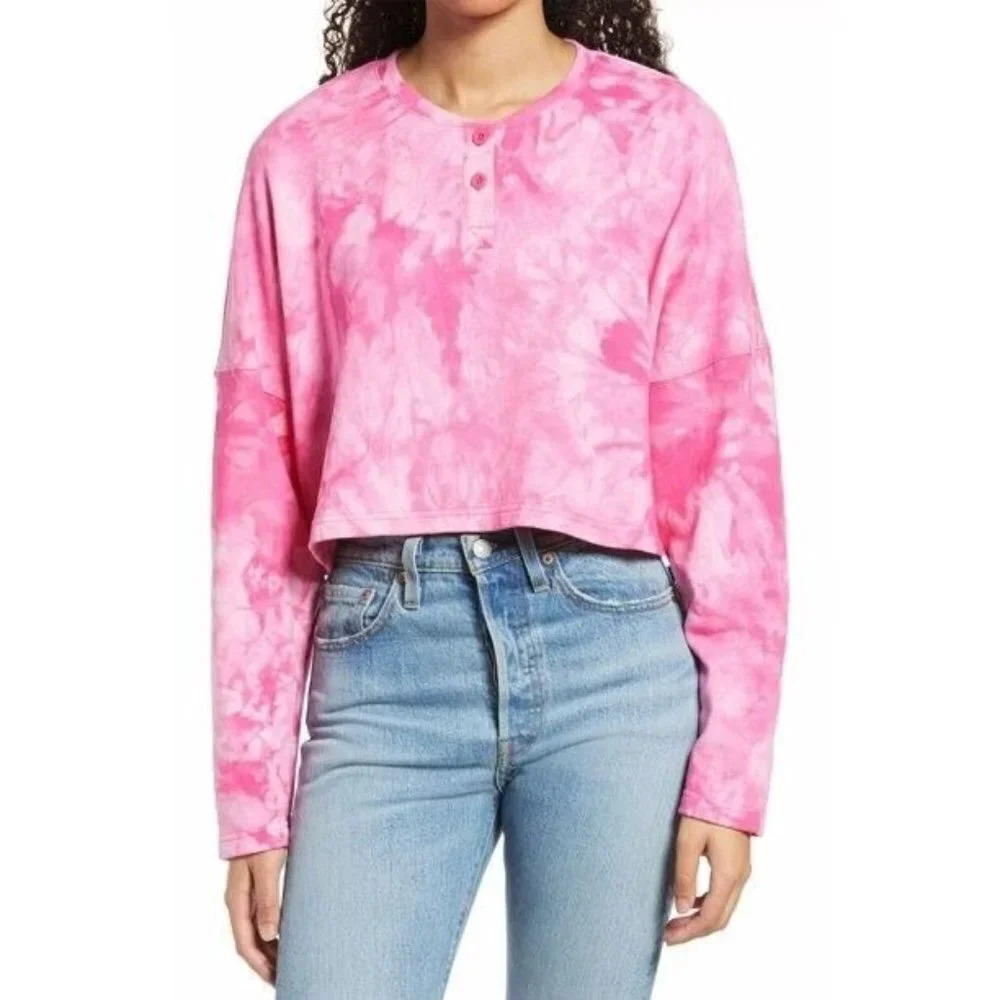 BP Nordstrom Women's Henley Crop Tie Dye Sweatshirt Pink Size‎ XL NWT